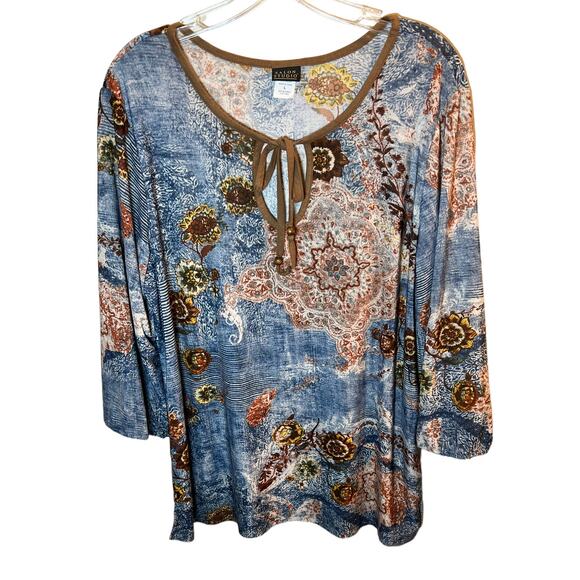 Salon Studio Tops - Salon Studio Floral Paisley Suede Trim Tie 3/4 Sleeve Blouse Size L Blue Brown